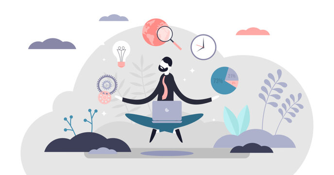 Business internet guru concept, flat tiny person illustration, transparent background. Work stress balance and financial freedom. Business man meditating in yoga lotus pose.