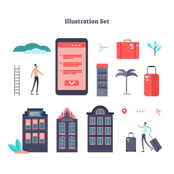 Booking online design elements collection, transparent background. Flat mini person with electronic purchase confirmation. Hotel, flight ticket or insurance reserve from distance app.
