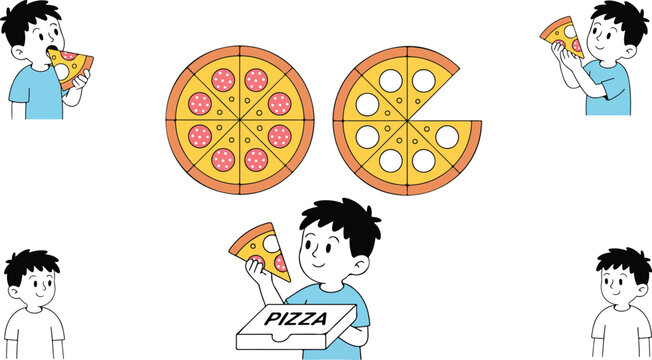 Pizza themed sequential illustration collection showing food preparation serving and eating process in 2x3 grid panels with simple flat cartoon design