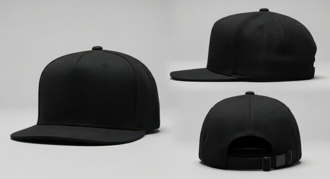 Stylish black baseball caps shown from different angles against plain background