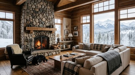 Fototapeta premium Cozy log cabin living room with roaring fireplace and stunning mountain views