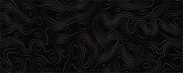 Topographic map contour lines pattern with thin bronze metallic strokes on a solid black background representing geographical elevation data and terrain mapping © VxGFX