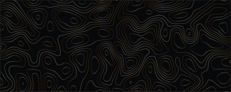 Topographic map contour lines pattern with thin bronze metallic strokes on a solid black background representing geographical elevation data and terrain mapping