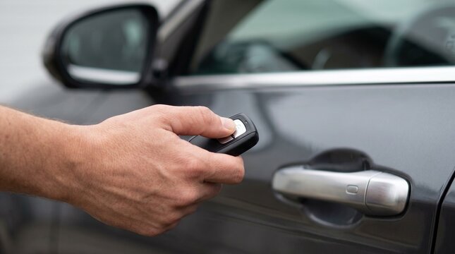 Man unlocking a car door with a remote control device