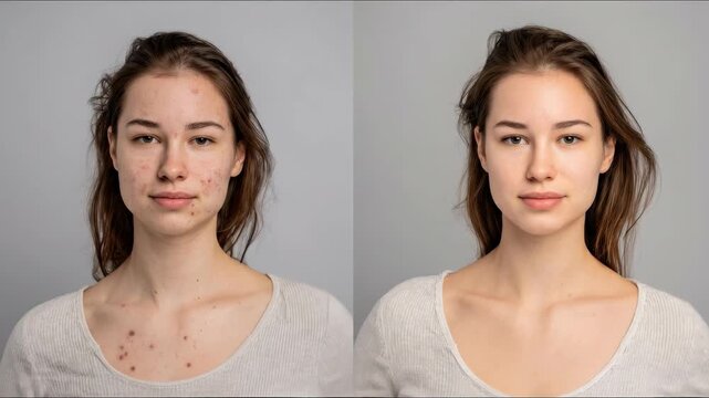 Young woman's face before and after acne, pimples, problematic skin treatment, showing improved pores, clear complexion care, therapeutic mask, cream, makeup foundation