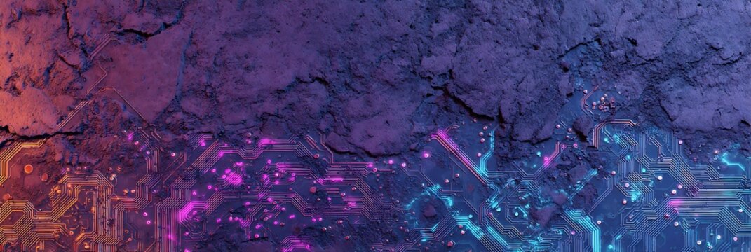 Futuristic circuit board pathways merging with rugged stone textures under vibrant neon pink and blue lighting representing advanced cyberpunk technology and digital innovation concepts