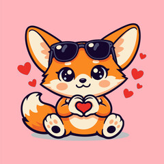 Fototapeta premium Cute fennec fox wearing sunglasses, holding a heart shape with its paws, expressing love and affection in a charming cartoon illustration