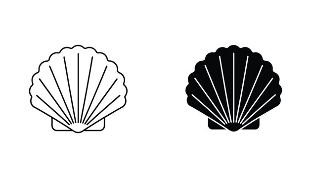 Sea scallop shell icon set in minimalist outline and solid black style for marine life branding summer vacation and beach travel graphic design elements isolated on white background