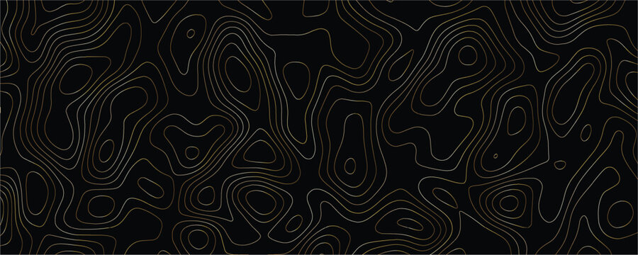 Topographic map contour lines in thin gold strokes on a solid black background representing geographical elevation patterns and terrain mapping data for navigation and cartography