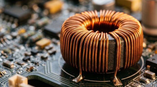 Close-up of a toroidal coil on a circuit board with copper wiring and electronic components