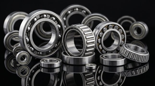 Various metal bearings are arranged on a reflective surface against a dark background
