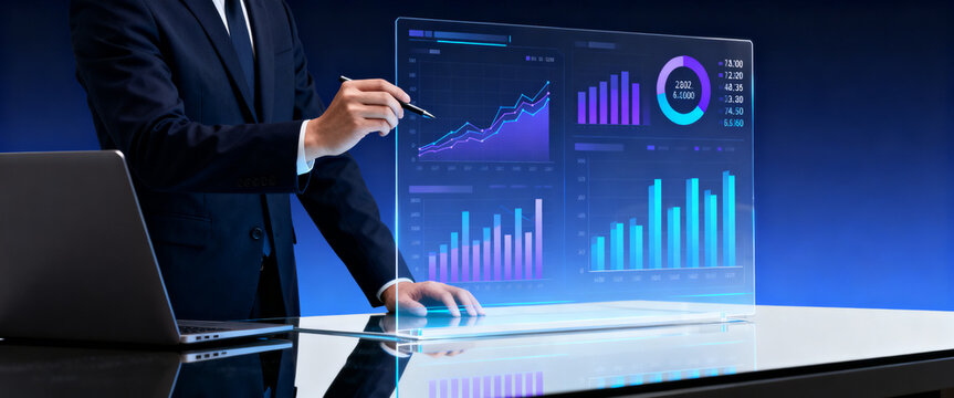 Entrepreneurial leader utilizing advanced digital analytics projected on a transparent screen