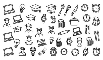 Naklejka premium Creative monochrome flat vector icon set with education and lifestyle symbols