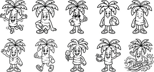 Obraz premium A set of cartoon palm tree characters in various fun poses and expressions