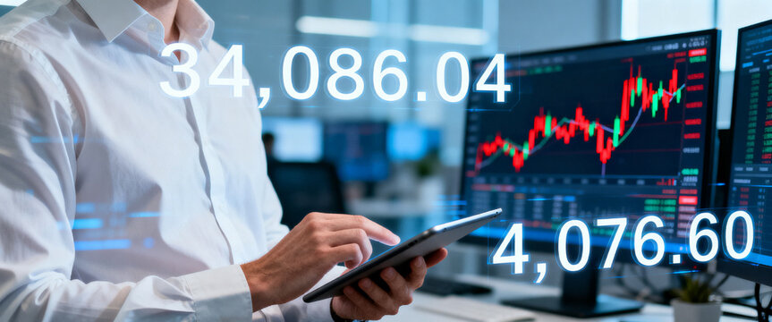 Professional analyzing real-time stock market data on a digital tablet, dynamic economic trends on multi-screens, symbolizing modern investment technology and strategic financial insights