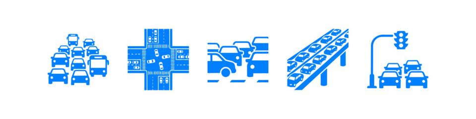 Blue traffic and transportation icons showing road congestion, intersections, highways, and traffic lights. Minimalist flat design for urban planning, logistics, and city commute themes. © Nort Kor