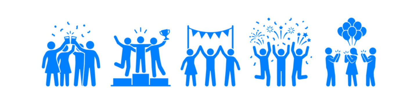 Set of blue stick figure icons representing celebration, success, and teamwork, featuring people toasting, winning on a podium, partying with balloons, and enjoying fireworks.