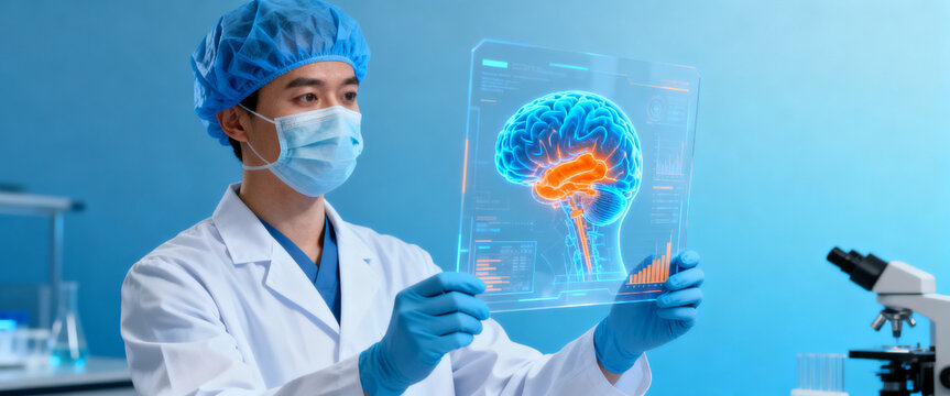 Scientist in futuristic lab examining a glowing holographic brain on a transparent digital display, symbolizing advanced neurotechnology and groundbreaking medical research