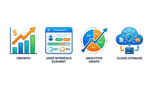 Set of four business and technology icons featuring a growth bar chart a user interface panel an analytics pie graph and a cloud storage server