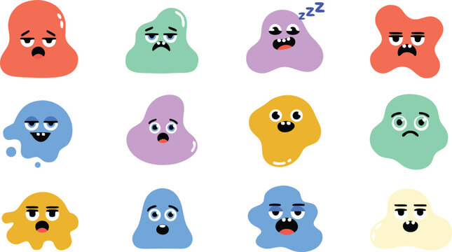 Colorful cartoon ghosts with various emotions on white background