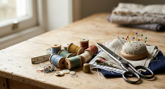 Vintage sewing supplies including thread spools scissors and pin cushion on wooden table.