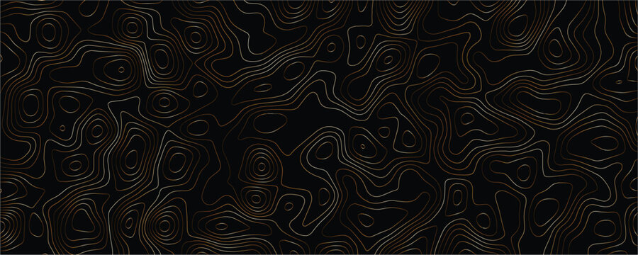 Topographic map pattern with flowing bronze contour lines on a solid black background representing elevation changes in a geographical landscape