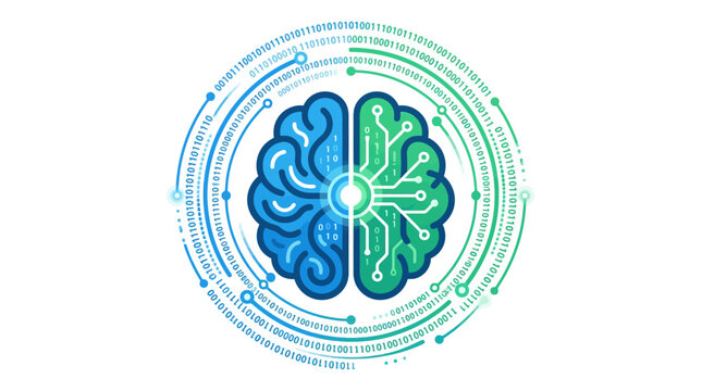 Digital brain illustration with binary code and circuit board patterns in blue and green colors on a white background for technology concepts