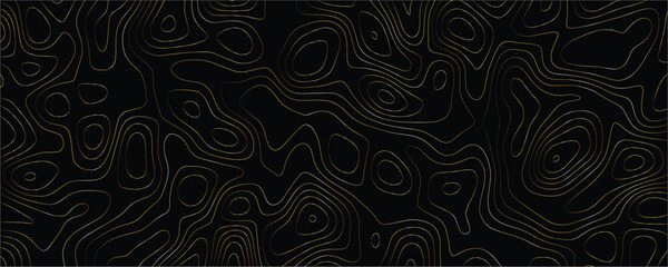 Topographic map pattern with thin gold contour lines on a solid black background representing elevation changes and geographic terrain in a repeating abstract linear style © VxGFX