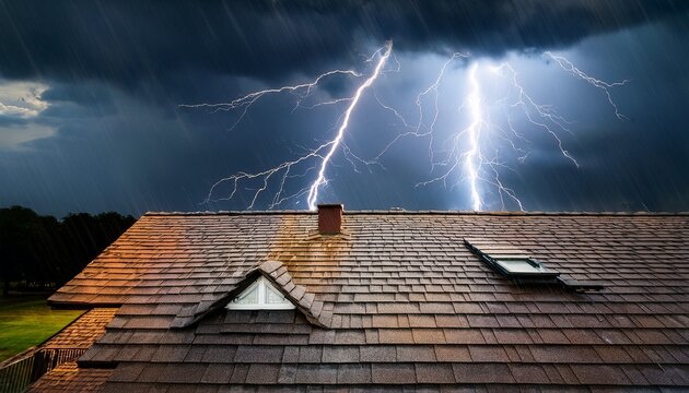 damaged roof shingles during lightning storm concept a dramatic storm with lightning and heavy rain impacting a house