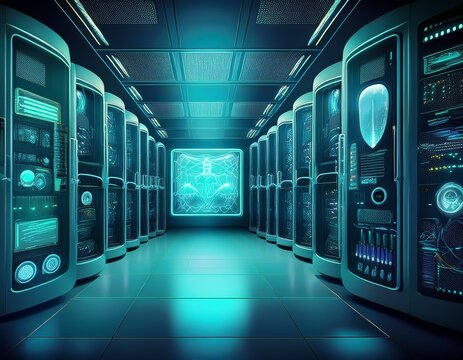 server rack with medical monitoring panel and security interface for healthcare data center background and it design