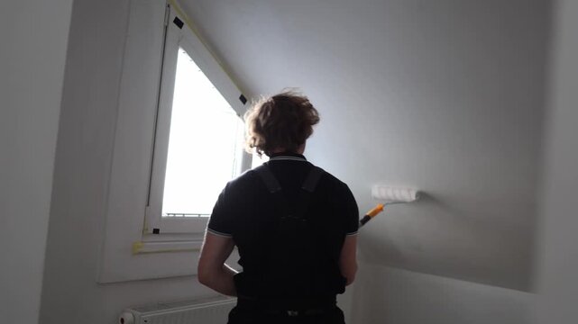 Young man painting attic apartment ceiling near bright window during home renovation carefully repainting walls in unfinished modern interior space