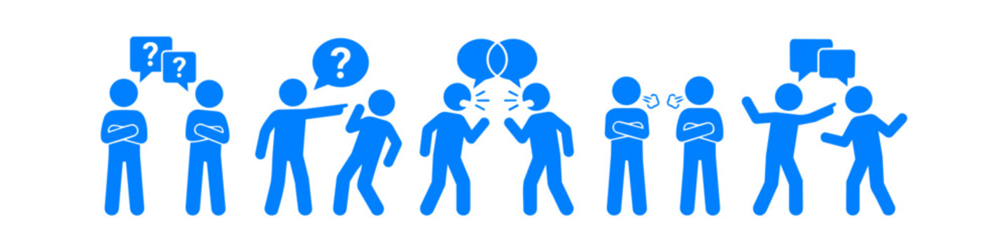Blue stick figure icons depicting conflict, disagreement, and bad communication. Scenes include arguing, yelling, pointing fingers, and misunderstanding between coworkers or partners.