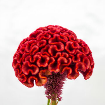 Vibrant red cockscomb flower with unique brainlike texture against white background.