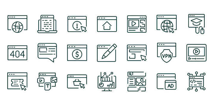 Set of 21 outline icons related to website, browser. Linear icon collection. Editable stroke. Vector illustration