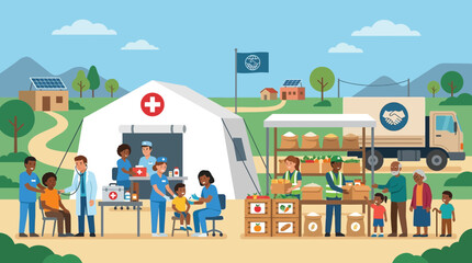 Humanitarian aid relief operation with medical tent and food distribution. © Nisa
