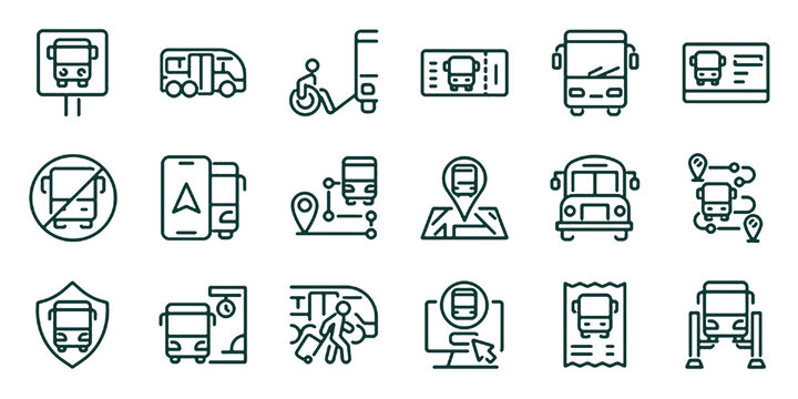 Set of 18 outline icons related to bus. Linear icon collection. Editable stroke. Vector illustration.