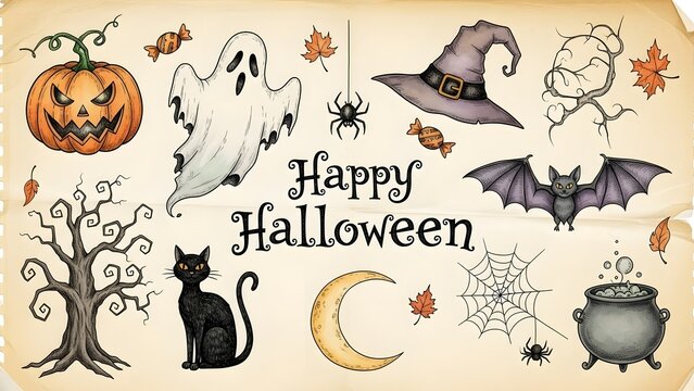 Charming Hand-Drawn Vintage Halloween Collection with Spooky Elements, Festive Pumpkins, Eerie Ghosts, Witch's Hat, and Creepy Critters on Aged Parchment