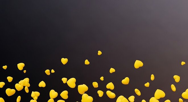 Numerous small, yellow, heart-shaped objects float and drift across a dark, gradient background
