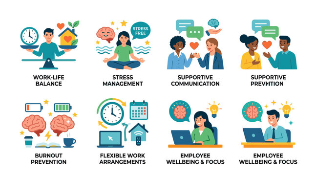 Mental Health at Work Flat Vector Wellness Icon Set