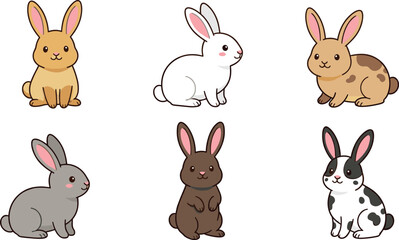 Fototapeta premium Cute Cartoon Rabbit Vector Character Set with White Brown Grey and Spotted Bunnies for Easter Graphic Designs and Children Pattern Illustrations