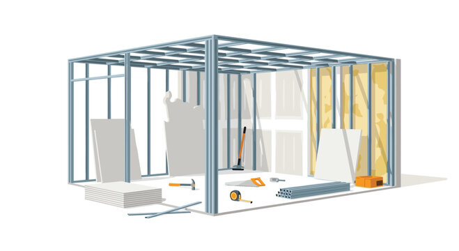 The skeletal steel frame of a new room stands on a construction site with drywall sheets, tools, and building materials scattered on the white floor.