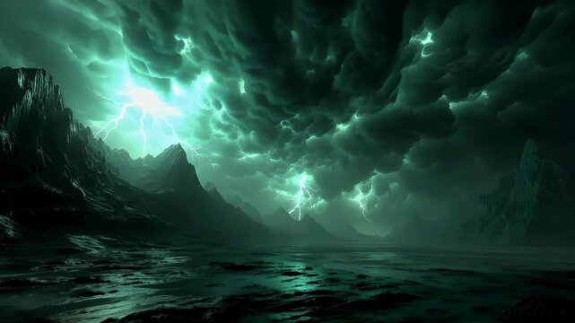 Fantasy wallpaper. A dramatic digital artwork depicts a stormy landscape. The sky is filled with dark, stormy clouds, illuminated by a bright flash of lightning striking through them.