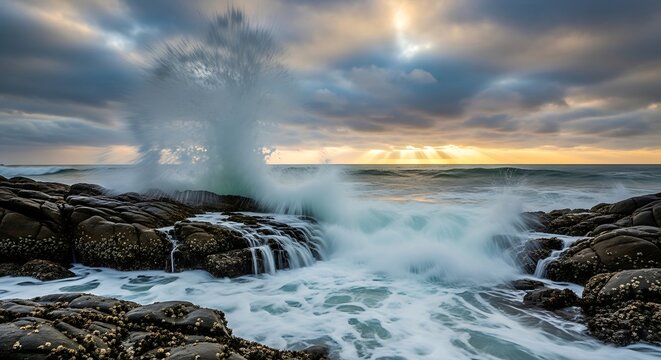 Ocean waves crash against rocky shore under dramatic, sun-rayed cloudy sky