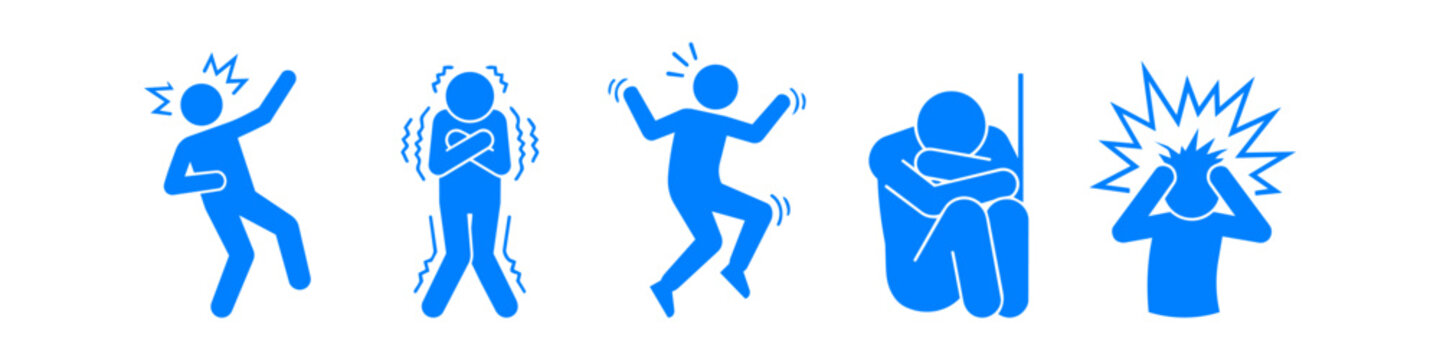 A set of minimalist blue stick figure icons illustrating various health symptoms including acute pain, shivering from cold, dizziness, depression, and a severe headache or migraine.
