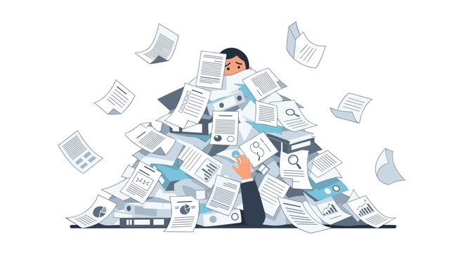 A corporate worker is buried deep beneath a chaotic avalanche of white papers and blue binders with only his worried eyes peering out from the mess.
