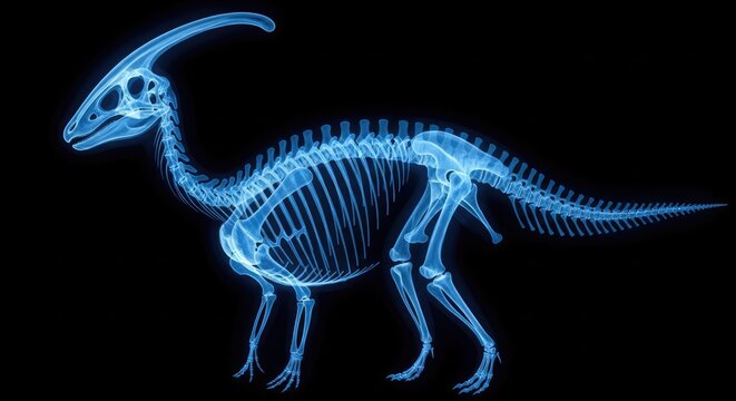 Blue X Ray parasaurolophus Dinosaur Skeleton Displayed on Black Background