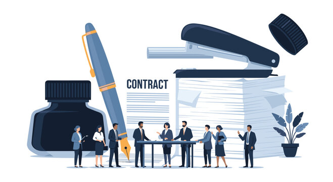 A group of miniature business professionals gathers around oversized office supplies including a giant fountain pen and inkwell to review a contract.