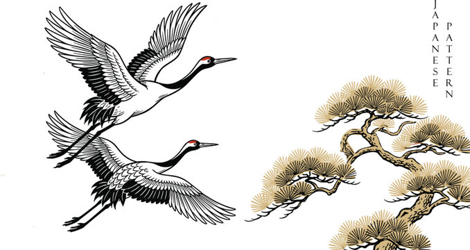 Traditional Japanese Crane Vector Illustration with Flying Red-Crowned Birds and Pine Tree Elements Isolated on White Background for Asian Pattern Designs
