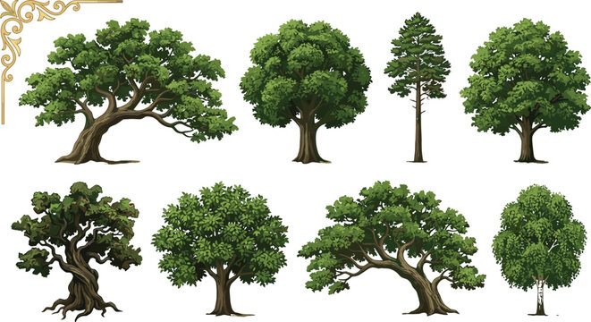 Realistic Green Oak and Pine Tree Vector Set Isolated on White Background for Architectural Renderings Landscape Design and Forest Environment Illustrations