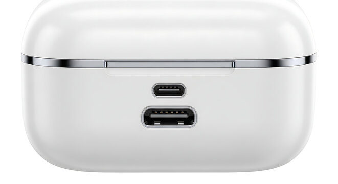Macro close-up of a white glossy earbud charging case featuring universal USB-C ports for fast charging and high-speed connectivity.
